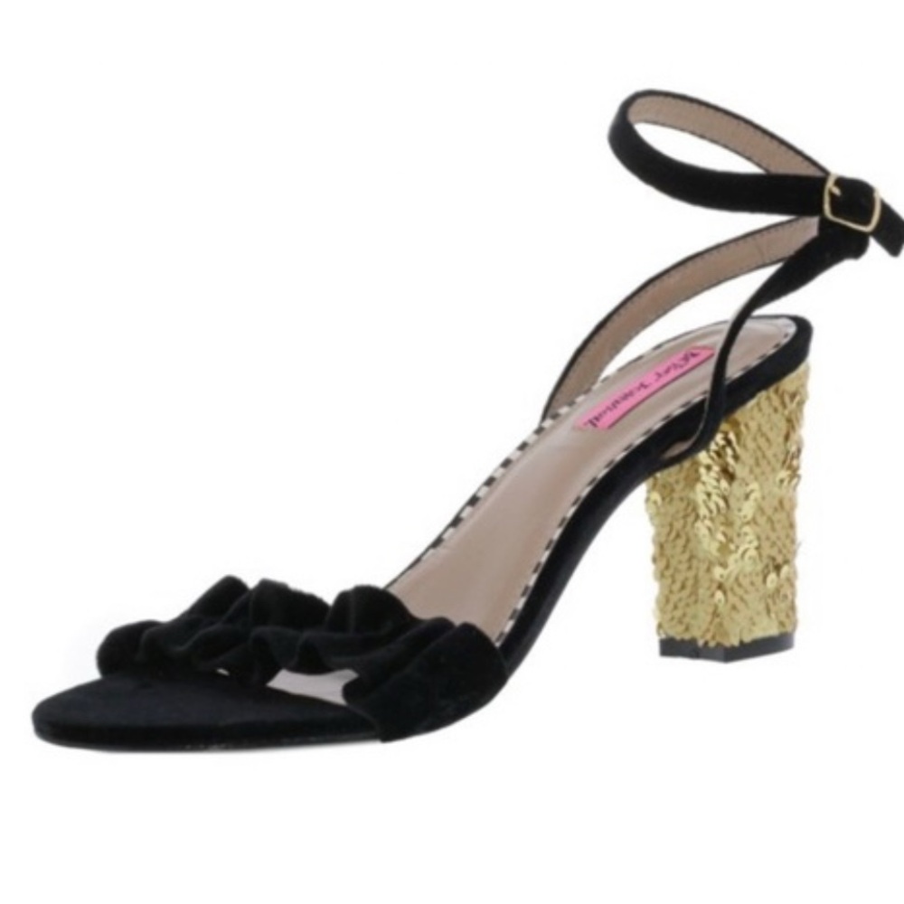 Betsey Johnson Iliana Gold Sequin Block Heel Black Velvet Sandals Women’s 6 NEW